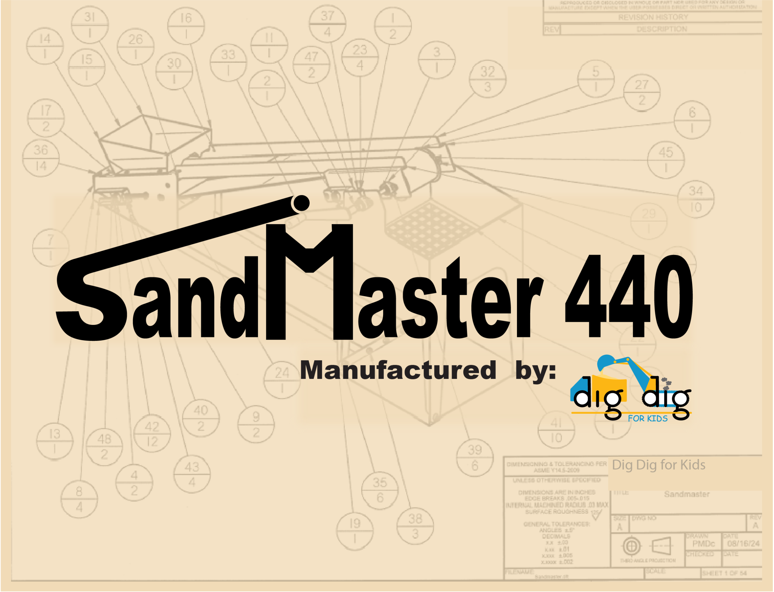 SandMaster 440 sandbox toy logo with CAD assembly drawing